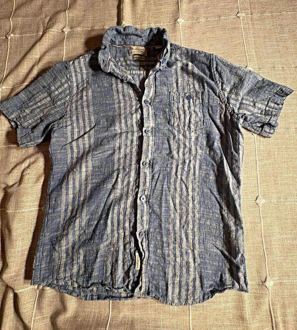 Weatherproof Vintage Men’s M Blue White Striped Linen Cotton Woven SS Button-Up